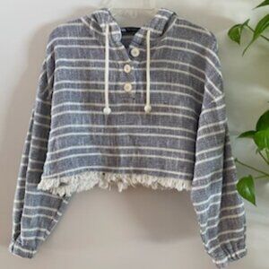 Zara, Cropped Hoodie with White Fringe Trim and Buttons, Size Medium